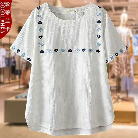 40-50岁中年妈妈夏装纯棉上衣新款宽松时尚减龄刺绣提花短袖T恤女商品大图