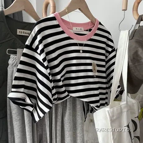 复古条纹刺绣小兔拼接领别致洋气休闲短袖棉T恤女百搭体恤学院风商品大图