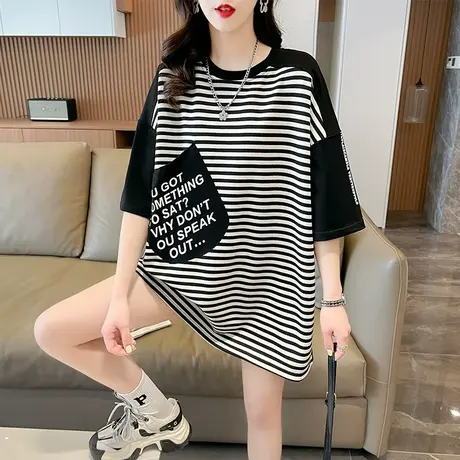 小众设计感短袖t恤女夏季韩版宽松大码女装中长款撞色条纹上衣服图片