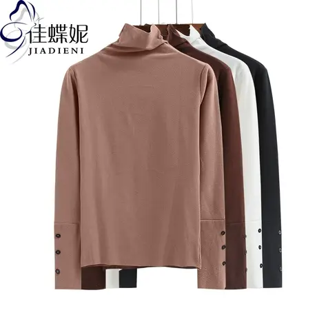 秋冬季新款韩版修身高领长袖纯棉纯色简约休闲T恤打底衫女装上衣商品大图