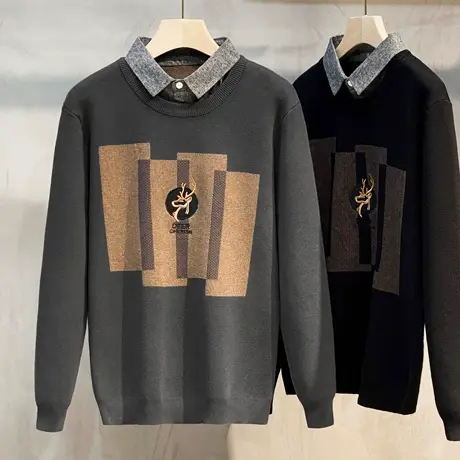 2023秋冬季新款男士假两件商务休闲衬衫领潮针织衫修身打底衫毛衣商品大图