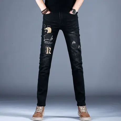 2023男士新款百搭牛仔裤男时尚修身时尚刺绣花时尚小脚裤休闲潮牌商品大图