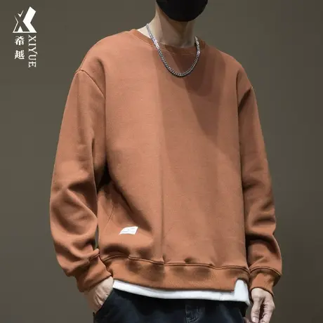 咖啡色假两件卫衣男大码秋冬休闲男款男士休闲加绒加厚打底套头衫商品大图