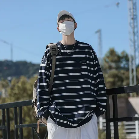 条纹卫衣男秋季美式复古高街潮牌打底衫长袖t恤宽松百搭休闲外套商品大图