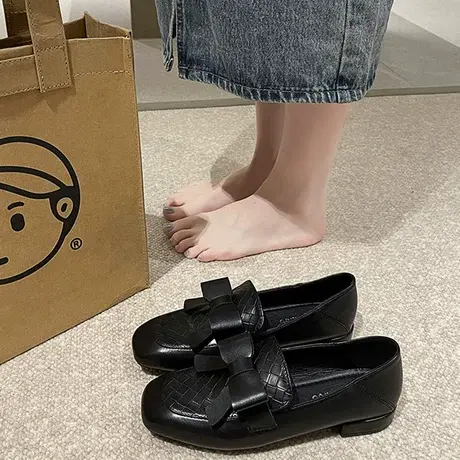 2023秋季新款编织一脚蹬乐福鞋英伦风小皮鞋方头低跟单鞋女商品大图