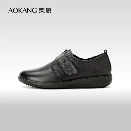 奥康女鞋 春秋季简约真皮纯色舒适平底单鞋女魔术贴轻便妈妈鞋商品大图
