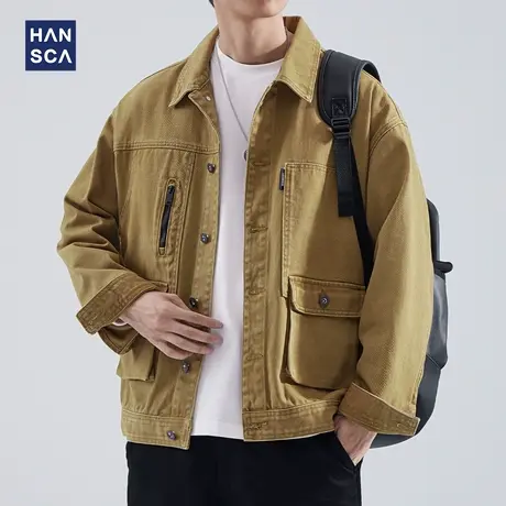hansca工装牛仔外套男秋冬款痞帅复古日系新款高级感休闲宽松夹克图片