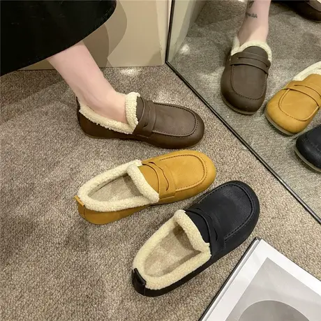 羊羔毛豆豆鞋女一脚蹬女鞋冬加绒配大衣懒人毛毛鞋棉鞋软底平底鞋商品大图