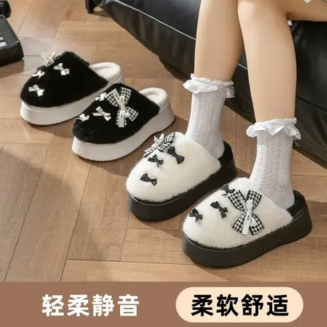 蝴蝶结棉拖鞋女士冬季厚底增高室内家居保暖2024新款毛毛棉拖冬天图片