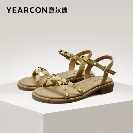 意尔康女鞋夏季女士法式粗跟凉鞋外穿铆钉一字式扣带配裙子低跟图片