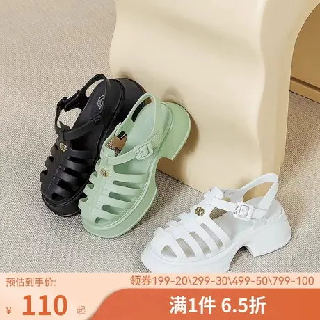 骆驼女鞋2023夏季新款猪笼鞋经典厚底镂空透气包头凉鞋女罗马凉鞋图片