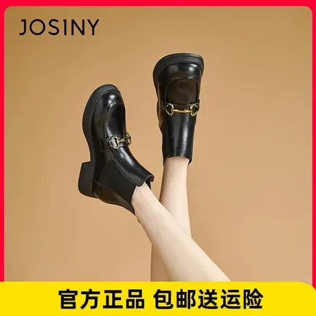 卓诗尼漆皮靴子女2023秋冬休闲厚底短筒皮鞋百搭韩版烟筒靴正品图片