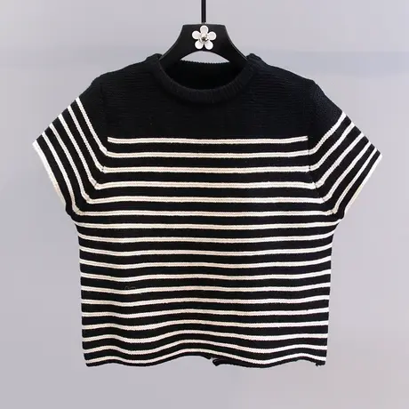 黑白条纹短袖针织衫女夏季2023新款韩系显瘦百搭套头圆领t恤上衣图片