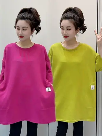 2023新款口袋纯色贴标圆领宽松夏季简约休闲大码女款时尚短袖T恤商品大图