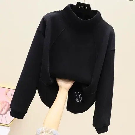 韩版休闲宽松显瘦加绒保暖立领卫衣女套头加厚2023冬季新品打底衫图片