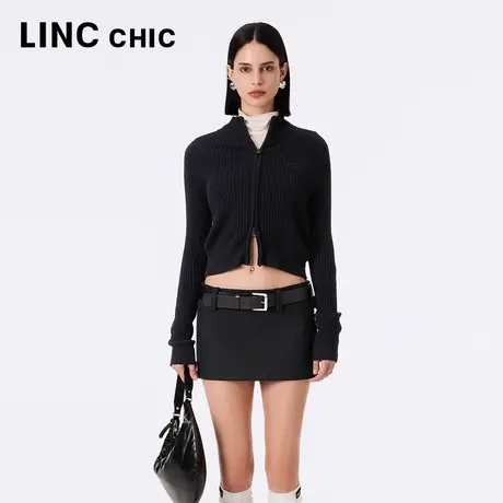 LINCCHIC金羽杰针织开衫女2023年秋季新款立领短款毛衣S233CR460Y图片