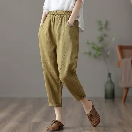 dza 高腰显瘦薄款九分苎麻裤子女士夏季宽松直筒裤休闲哈伦棉麻裤图片