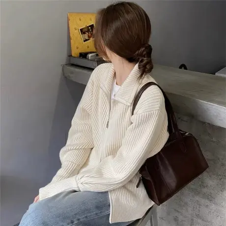 秋冬新款2022年高领拉链针织开衫百搭宽松慵懒风设计感毛衣外套女商品大图