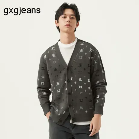 gxg.jeans男装 绿色满身老花时尚开襟毛衣针织衫男 25年春新品图片