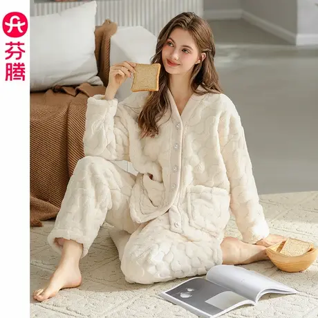 芬腾女士睡衣珊瑚绒秋冬加绒加厚长袖套装女款休闲宽松大码家居服商品大图