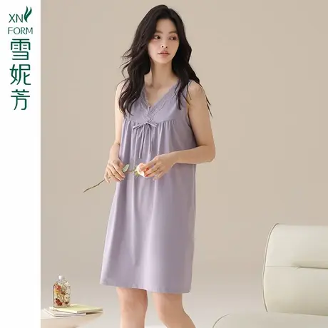 雪妮芳夏季凉感莫代尔背心睡裙薄款柔软纯色无袖V领花边睡衣裙商品大图