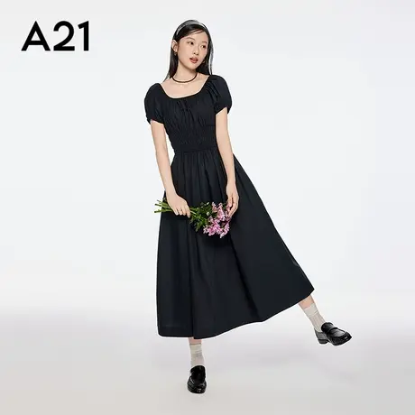 a21女装方领套头黑色连衣裙ins风长裙夏季短袖高腰a字小黑裙子图片