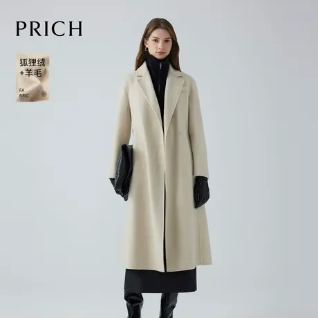 【狐狸绒+羊毛】PRICH时尚长款毛呢外套2024冬季新款毛绒外套女商品大图