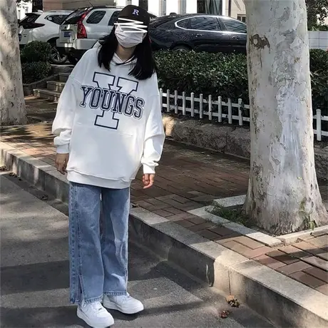 白灰色美式复古连帽卫衣女高街春秋冬款加绒潮牌ins小众外套上衣商品大图