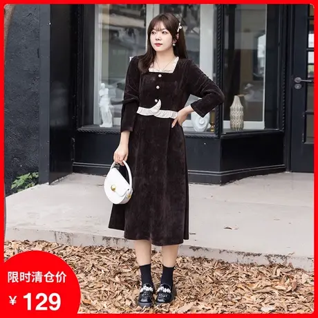 大码女装2023年季新款设计感法式收腰显瘦胖mm方领雪尼尔连衣裙商品大图