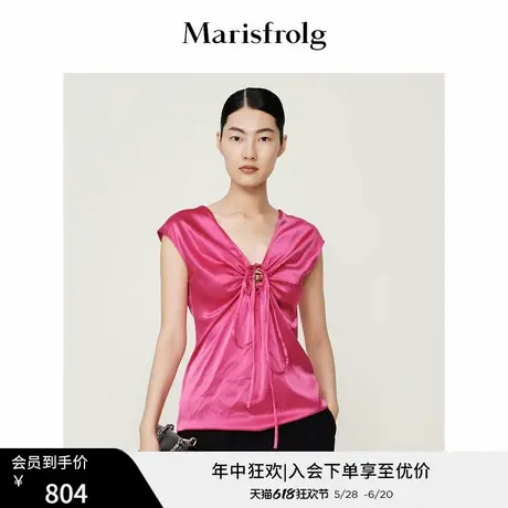 【商场同款】玛丝菲尔秋季新款三醋酸玫红色无袖收腰礼服T恤商品大图