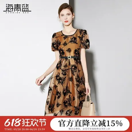 海青蓝 高级连衣裙女2025年新款女装时尚气质短袖中长款裙子夏季图片