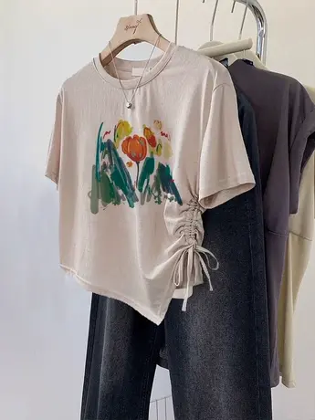 多巴胺风女装夏季上衣美式正肩短t潮ins抽绳宽松大码胖mm显瘦短袖图片