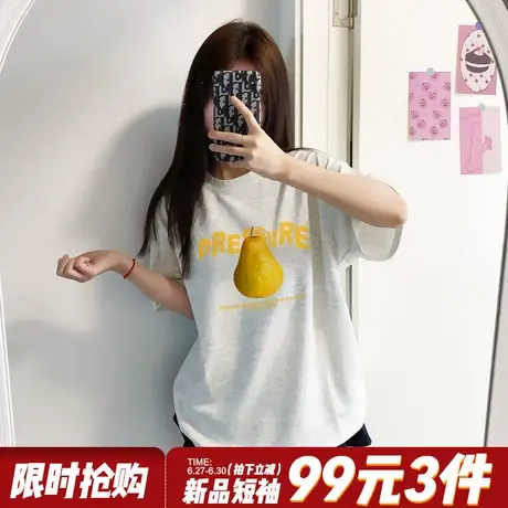 2025夏季新款小众设计感花灰色短袖t恤女宽松百搭纯棉正肩上衣潮商品大图