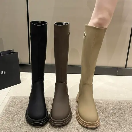 长筒靴女2023年春秋季新款法式英伦风显瘦气质单靴粗跟高跟骑士靴图片