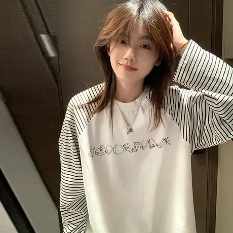 美式复古条纹长袖T恤女春秋季宽松韩版内搭外穿打底字母印花上衣图片