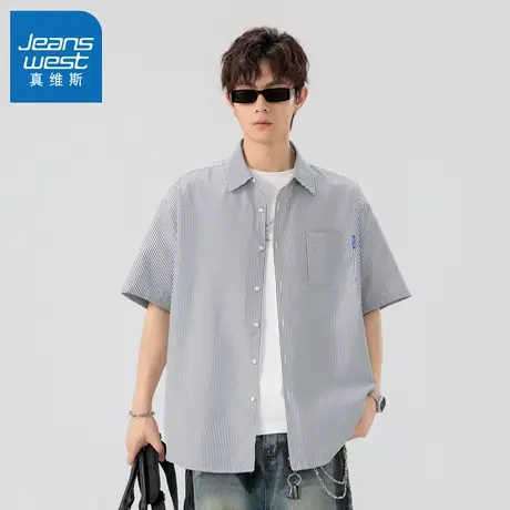 N5真维斯男士短袖衬衫2025夏季新款美式潮流男生休闲宽松百搭衬衣图片