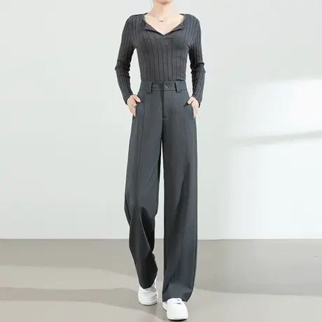 休闲阔腿西装裤女2025新款秋季高腰垂感宽松显瘦百搭直筒灰色裤子图片