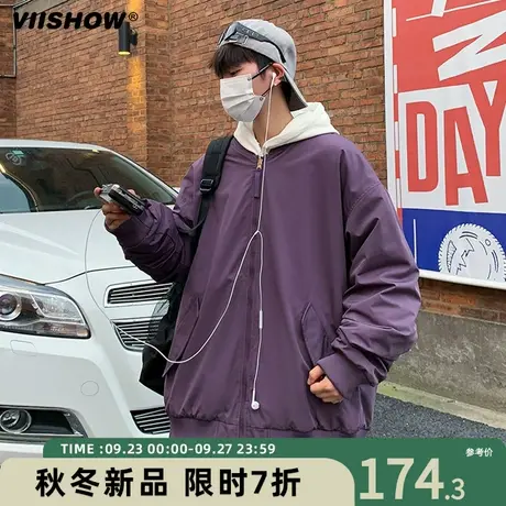 VIISHOW潮牌宽松外套秋冬季新品棉衣男两面穿日系复古刺绣拼色商品大图