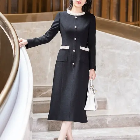 黑色长袖小香风连衣裙女2023秋季新款优雅端庄修身显瘦中长款裙子图片