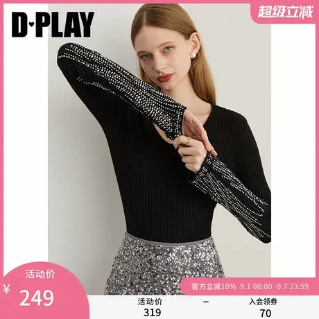 DPLAY2025年秋季新款黑色针织衫女烫钻设计羊毛打底衫长袖上衣商品大图