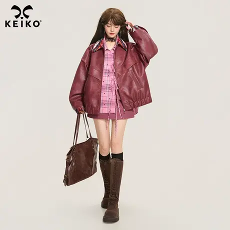 KEIKO 安可拉红撞色翻领皮衣外套女25秋冬机车风时髦廓形分割夹克商品大图