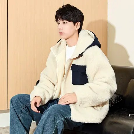唐狮冬季新款仿羊羔毛短款外套男连帽拼接摇粒绒加厚保暖夹克TD商品大图
