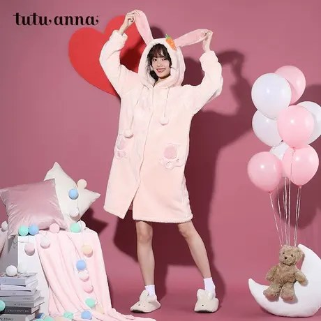 tutuanna睡袍女 秋冬羊羔绒加厚保暖家居服连帽可爱睡袍 可外穿商品大图