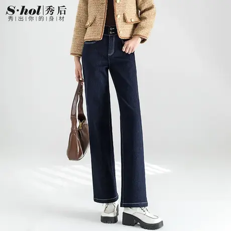 防褪色牛仔裤女阔腿裤深色高腰宽松窄版直筒裤2023年秋冬新款裤子商品大图