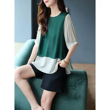 宝诗黎圆领假两件五分蝙蝠袖雪纺衫2023夏季新款大码宽松休闲上衣商品大图