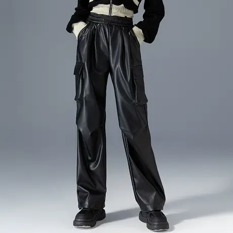 高级感黑色皮裤女2023新款秋冬显瘦裤子休闲直筒工装裤高腰阔腿裤商品大图