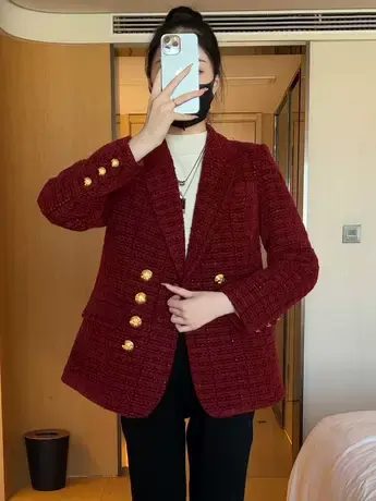 2023年冬季新款夹棉加厚西装外套女小香风休闲百搭设计感西服上衣图片