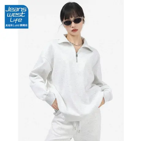 真维斯LIFE白色卫衣女慵懒风polo领慵懒风美式街头宽松上衣外套潮商品大图