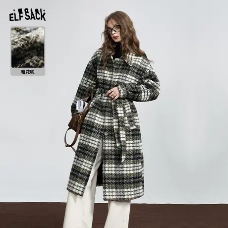 妖精的口袋粗花呢格子毛呢外套女2023冬季新款复古英伦长款呢大衣图片