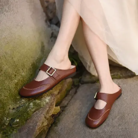 Artmu阿木复古真皮包头半拖鞋女夏外穿高级感2023新款平底凉拖商品大图